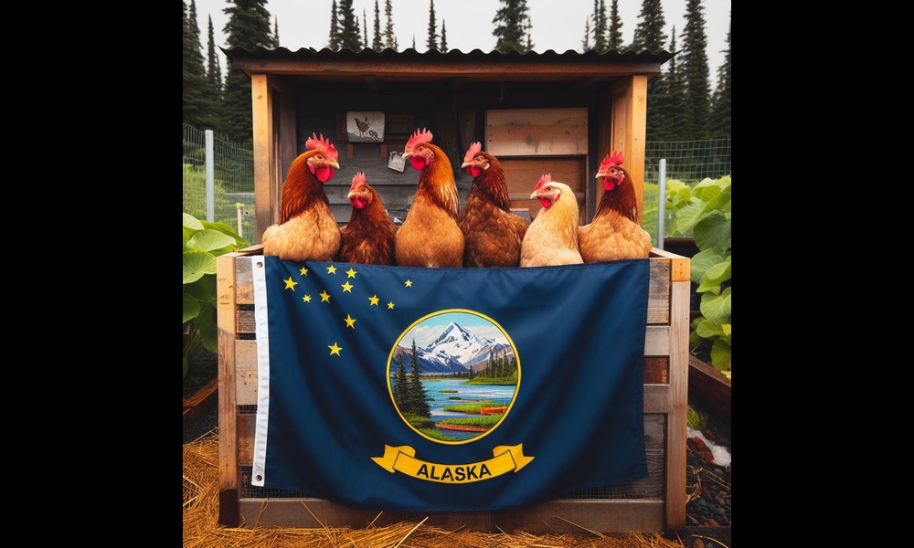 5 hens in an backyard coop where there is the state flag of Alaska